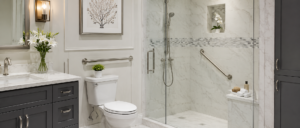 Beautiful roll-in shower with professionally installed grab bars for bathroom safety and accessibility.