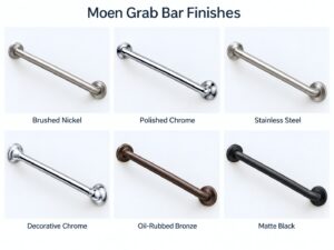 Image of the various Moen grab bar finishes for Atlanta and Georgia homes and businesses