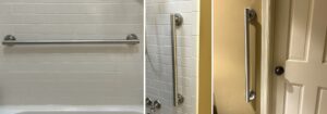 Three images of bathroom grab bars installed in Atlanta homes.